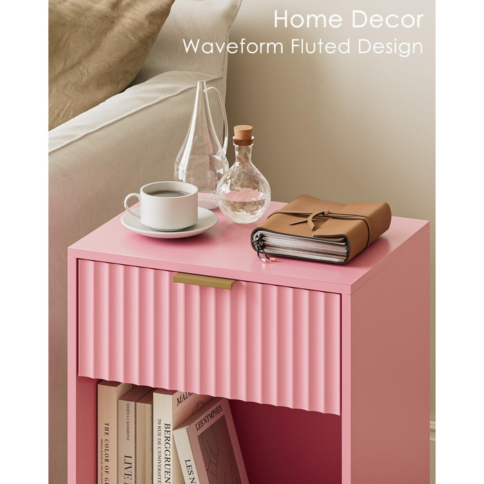 Приліжкова тумбочка з відкритим відсіком, журнальний столик для вітальні та спальні (горіх), 40 x 30 x 60 см, рожеве фетрове покриття