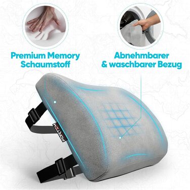 Пояснична подушка-підтримка FORTEM для авто, офісного та ігрового крісла, з ефектом пам'яті (Memory Foam), дихаючий чохол, сірий велюр