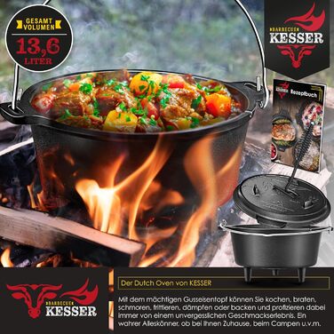 Набір голландських казанів KESSER® BBQ Feuertopf: 13.6 л, чавун, з кришкою-підйомником, ручкою та отвором для термометра. Ідеально для приготування на грилі, на відкритому вогні та в приміщенні.