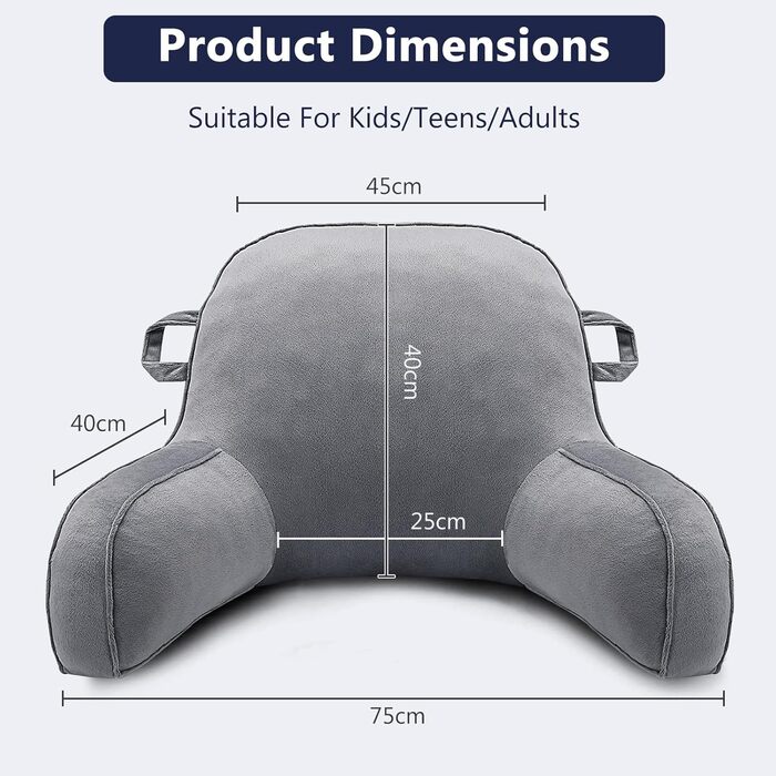 Лежак-крісло для читання, подушка для відпочинку в ліжку для дорослих та дітей, м'яка спинка з підлокітниками, кишенями та ручкою, сірий колір