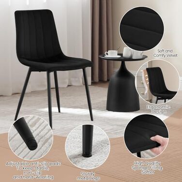 Обідні стільці для вітальні, кухні та спальні. М'які стільці з підлокітниками та металевими ніжками, оксамитова сидіння (Чорний, набір 6 шт.)