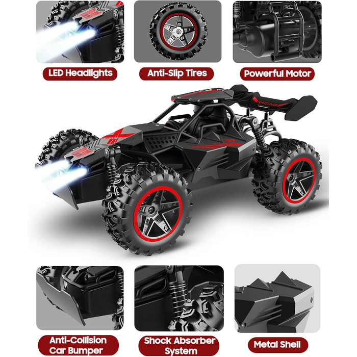 RC Автомобіль на радіокеруванні 2.4GHz, Monstertruck 15+ км/год зі світлодіодами, іграшка для хлопчиків, чорно-червоний (сірий/зелений)
