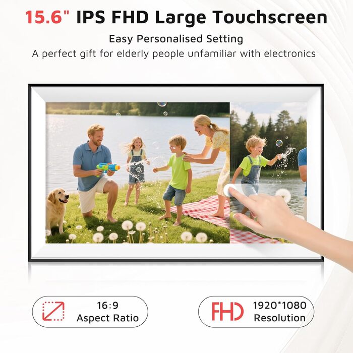 Цифровий фоторамка Hesmor 15.6 дюймів з Wi-Fi, FHD 1920*1080, IPS, сенсорний екран, 32GB, автоповорот, Frameo App