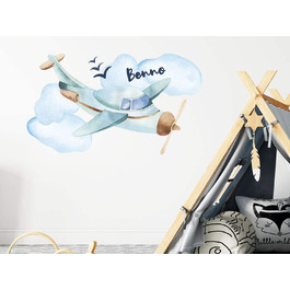 Стікер на стіну з витонченим дизайном для дитячої кімнати, літак для хлопчиків / персоналізований з ім'ям / наклейка на стіну для дитячої кімнати, для маленьких хлопчиків / наклейка на стіну, прикраса для дитячої кімнати, блакитна хмара, (99x57 см)