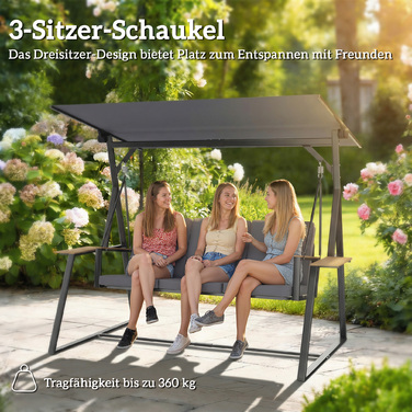 Гойдалка садова для трьох осіб з регульованим дахом, подушками та підставками для напоїв, вантажопідйомність 360 кг, сіра