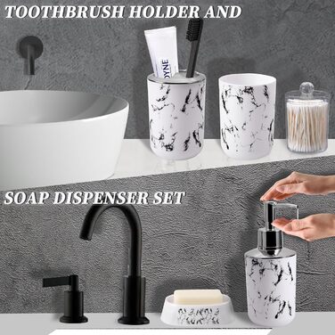 Комплекти аксесуарів для ванної кімнати, 9 предметів: сміттєвий бак, лоток для косметики, дозатор мила, мильниця, стакан для зубної щітки, щітка для унітазу та контейнер для ватних паличок (білий мармур)