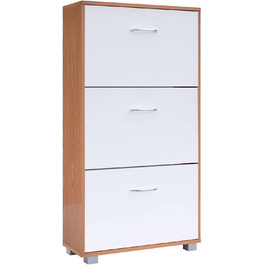Шафа для взуття Casaria® на 18 пар, вузька, 115x60x25 см, 3 дверцята, дерев'яна, закрита, з фіксацією від перекидання, для прихожого/коридору, колір бук/білий