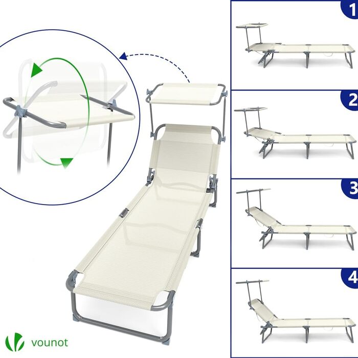 Лежак для відпочинку Vounot (2 шт.) - розкладний, з регульованою спинкою та захистом від сонця. Підходить для саду, басейну, тераси (бежевий)