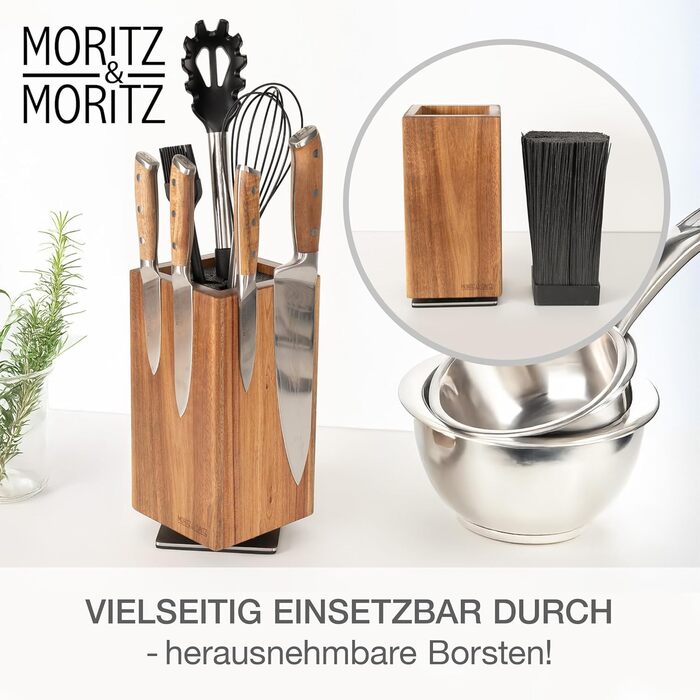 М'ясний блок Moritz & Moritz Akazie, поворотний на 360°, з магнітним утримувачем та знімним вкладишем з щетиною – зручний підставка для ножів на кухню, без ножів