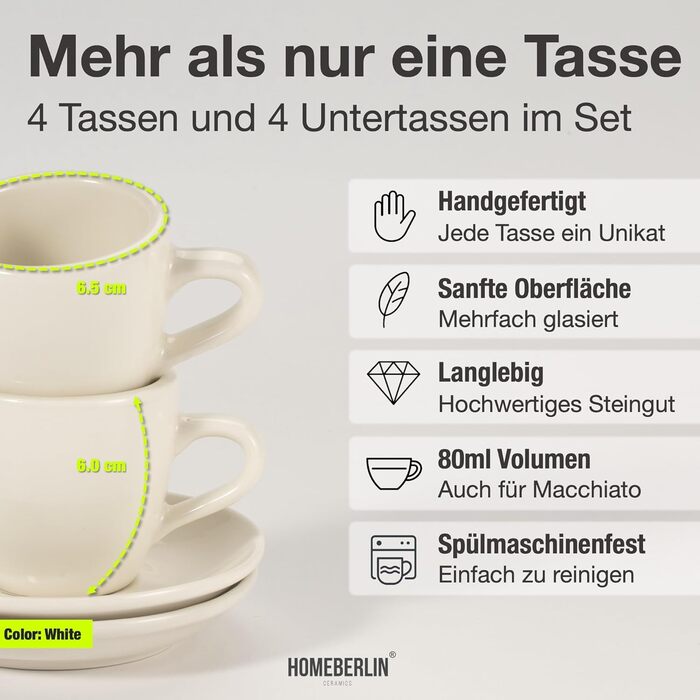 HOMEBERLIN® Barista Pro: Набір еспресо-чашок (4 шт.) 80 мл - Преміум якість, ручна робота, з підставками