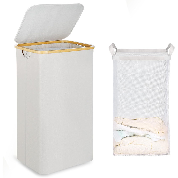 Великий кошик для білизни з кришкою, 100 л, з бамбуковими ручками, для зберігання одягу та іграшок, складний, з внутрішньою кишенею, для спальні та ванної кімнати
