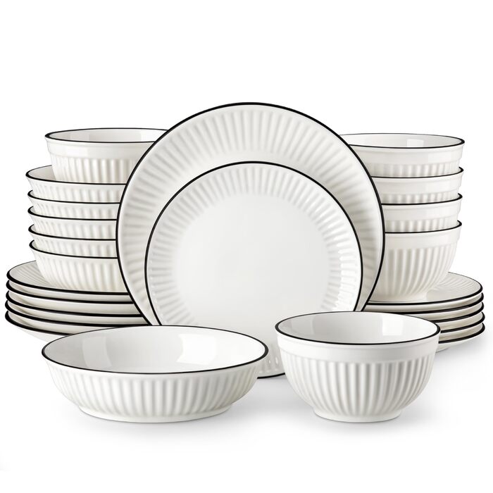 Набір посуду MALACASA LEILA 6 осіб, 24 частини: тарілки, миски, порцеляна, білий з чорним обідком