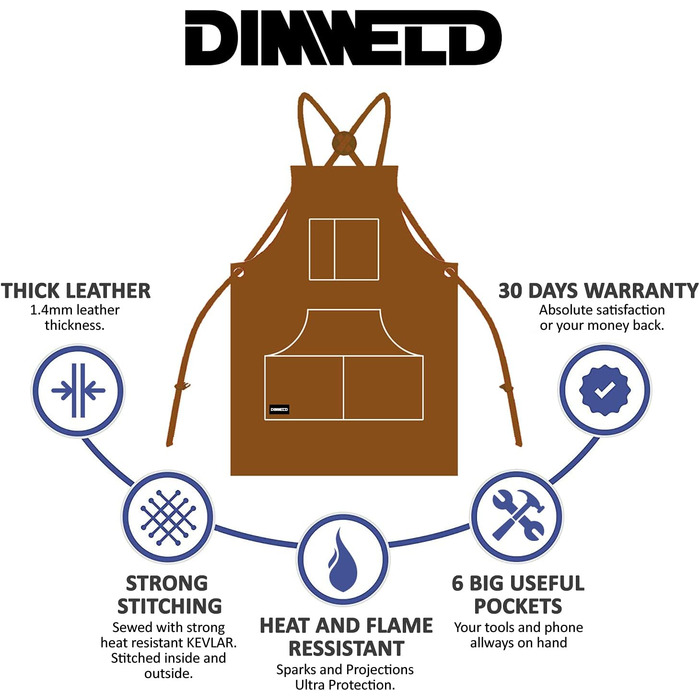 Чоловічий шкіряний зварювальний фартух DIMWELD. Вогнезахисний термофартух для зварювання в майстерні. Регульований захисний одяг з 6 кишенями для інструментів. Світло-коричневий