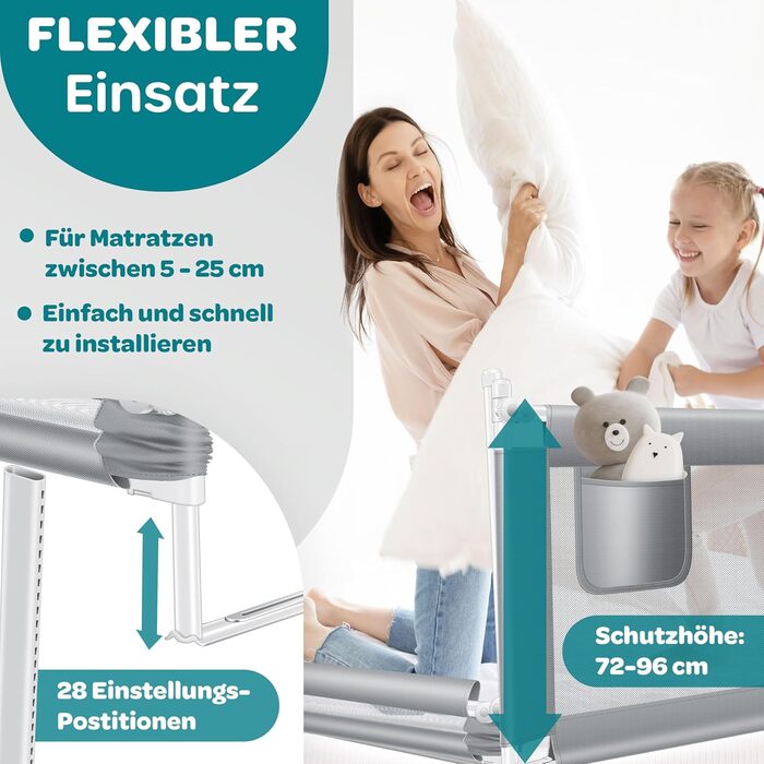 Захисний бортик для ліжка KESSER 200 см, сірий. Бортик для дитячого ліжка, захист від випадання, складаний та регульований по висоті, сітка Mesh, з кишенею