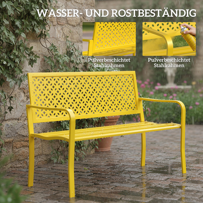 Лавочка для саду на 2 особи, металева, стійка до погодних умов. Міцна конструкція з антикорозійним покриттям та геометричним дизайном, витримує до 240 кг.