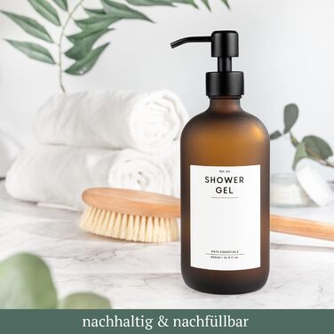 MONOKO Набір з 4 дозатори для мила чорного матового кольору з скла, 500 мл | Дозатори для шампуню, мила для кухні | Нержавіюча сталь, помповий механізм | Флакони з наліпками (Коричневий-500)