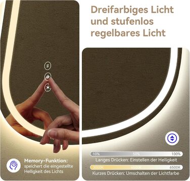 Дзеркало для ванної кімнати YOURLITE з підсвічуванням, 85x55 см, LED, сенсорне керування, 3 кольори світла, регулювання яскравості, антизапар, горизонтальне/вертикальне, IP44, білий