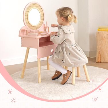 Дитячий туалетний столик OOOK для дівчаток з дзеркалом та табуретом, рожевий, з дерева