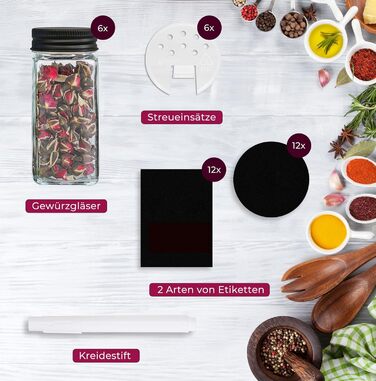 Набір баночок для спецій [24 x 120 мл] з 301 етикеткою німецькою мовою | Матові чорні кришки | Контейнери для спецій з металевими кришками та дозатором. Кутові баночки для спецій, набір 24 шт. (Чорний - 6 - Металеві кришки)
