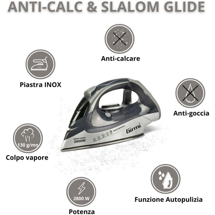 Праска Girmi ST63 з регулюванням температури, 2800 Вт, антинакип, 150 г/хв, 400 cc, сіра
