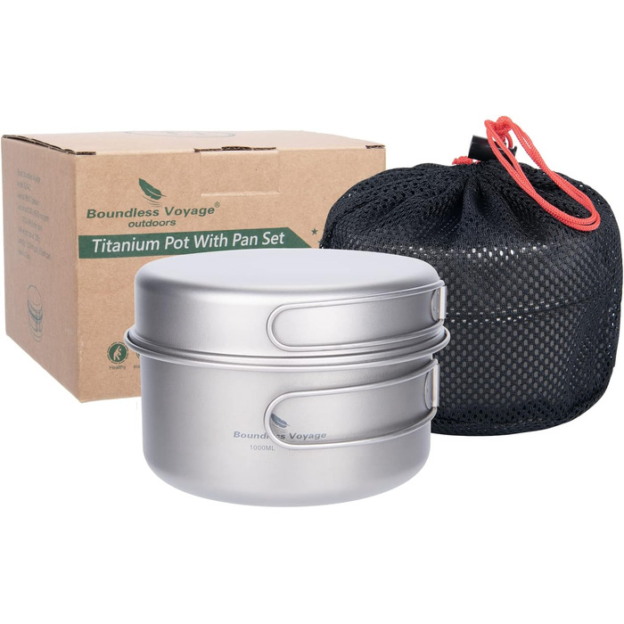 Набір посуду iBasingo Titan для кемпінгу та подорожей (1000мл казанок + 500мл миска) з розкладним ручками, кухонні аксесуари для піших прогулянок, трекінгу та подорожей Ti2042C