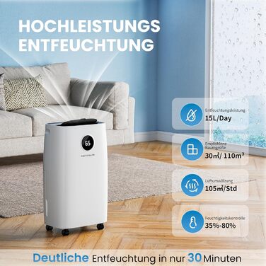 Електричний осушувач повітря 15L, 30㎡, для підвалу, з тачем, 2.5L бак, дренажний шланг, 46dB, таймер 24h, гарантія 3 роки