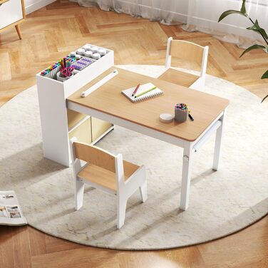 Дитячий столик та 2 стільчики DREAMADE з дерева, з паперовою рулонною полицею, 4 текстильними боксами та відділеннями для зберігання. Дитячий столик для малювання та ігор у дитячу кімнату (Натуральне дерево)