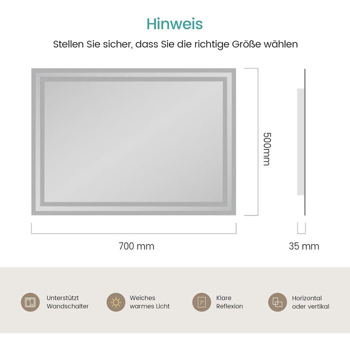 Дзеркало для ванної кімнати EMKE з підсвічуванням 120x60 см, тепле біле світло 3000K, вимикач, матовий бортик 2.70 x 50 см