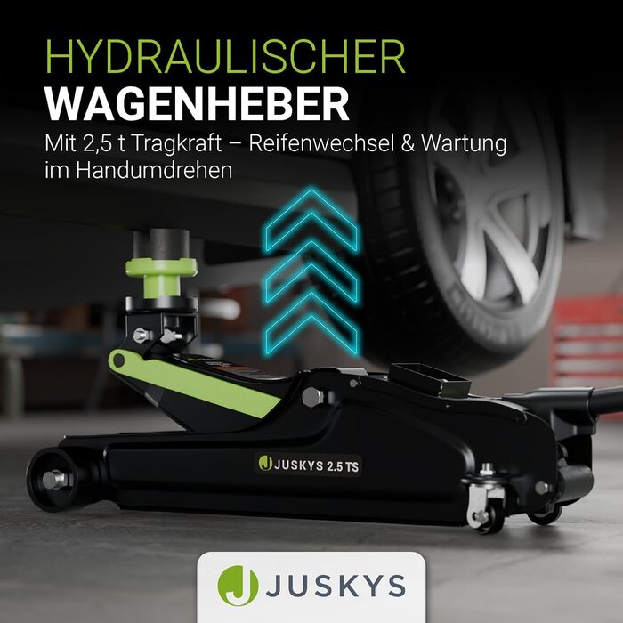 Підйомник гідравлічний Juskys 2.5 т, сталевий, 85-390 мм, з кейсом, гумовими накладками та аксесуарами - Чорно-зелений