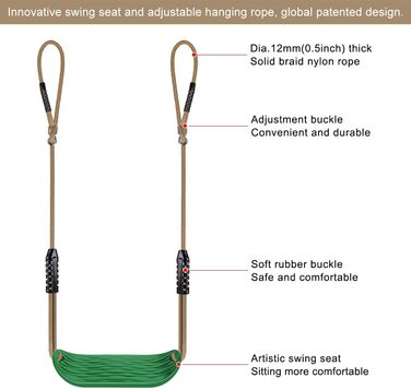 Дитяча гойдалка BeneLabel для дому та саду, міцна гума, регульоване тросове крісло, 130-200 см, для підлітків/дорослих, зелений, 113 кг