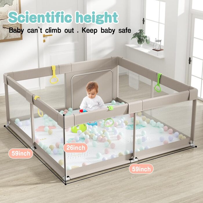 Дитячий манеж Uanlauo 150x150 см з ігровим килимком, XXL манеж для дітей, ігровий простір для малюків на вулиці та вдома, з дверцятами на блискавці та 4 тримачами, 150x150 см