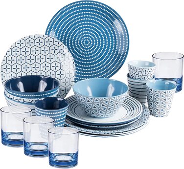 Набір посуду для кемпінгу на 4 особи, блакитно-білий, з меламіну, 16 предметів. Ідеально для кемпінгу, трекінгу, подорожей та пікніків.