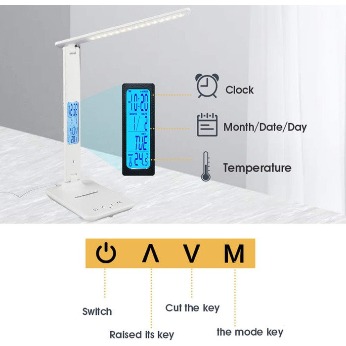 Світлодіодна настільна лампа з бездротовою зарядкою, з можливістю затемнення, USB, годинник, кольоровий нічник, РК-дисплей, температура, білий