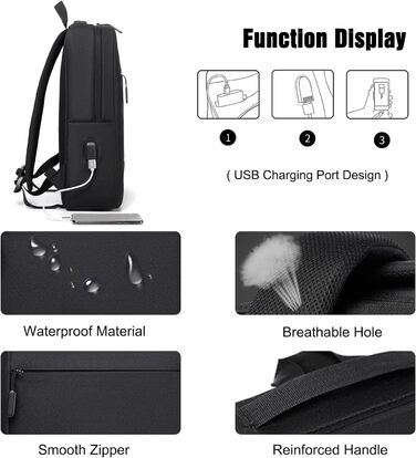 Рюкзак для ноутбука FANDARE Чоловічий Жіночий шкільний рюкзак Денний рюкзак Трекінговий рюкзак з USB-портом для зарядки Денні рюкзаки для ділових поїздок, роботи, відпочинку, ранця на відкритому повітрі (чорні)