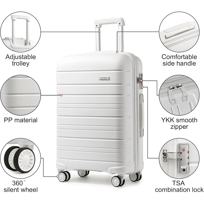 Валіза KONO з TSA-замком та 4 спінінг-колесами, білий колір, розмір S (Cabin 20 Inch)