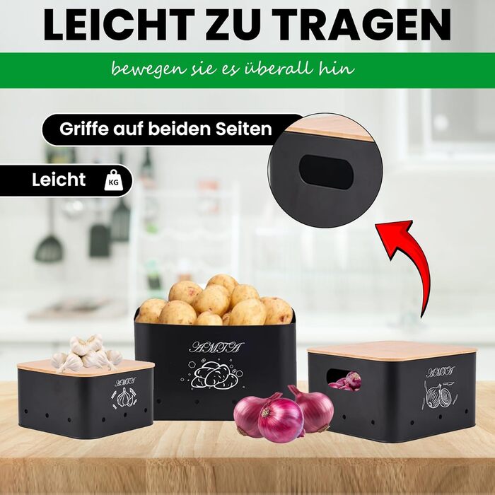 Набір контейнерів для зберігання картоплі, цибулі та часнику (3 шт) – Преміум-контейнери з циркуляцією повітря, вінтажний стиль, чорний колір