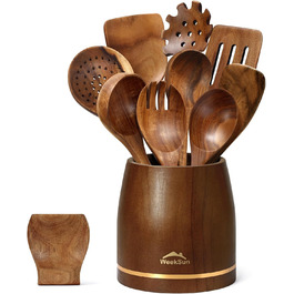 Набір кухонних аксесуарів з текового дерева (10 шт.) з підставкою, лопатка, половник, половник для супу, ложка для салату, виделки та ложки для салату, подарунок для кухаря