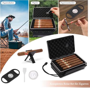 Портативний вологозберегаючий футляр для сигар на 5 сигар (50RG) з ножем, підставкою, гігрометром та зволожувачем, подарунковий набір для поціновувачів сигар (Чорний)