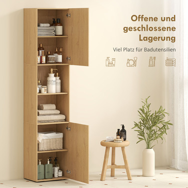 Висока шафа для ванної кімнати, 6 ящиків, 2 шафки, 2 відкриті полиці, відкриті відсіки, дерево, колір дуба