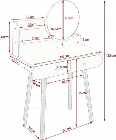 Туалетний столик Jumi, світлий дуб, з дзеркалом та 2 шухлядами, матовий, 80x122x40 см