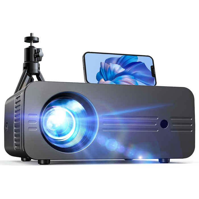 Портативний проєктор iZEEKER Mini з підтримкою 4K, WiFi, Bluetooth, HDMI, iOS, Android, PS5. Яскравість 10000 Lux, Full HD 1080P, 300 дюймів для домашнього кінотеатру. Чорний колір.