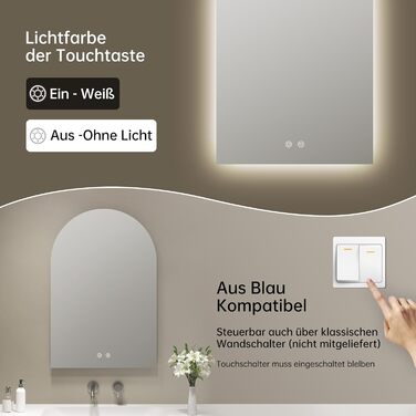 Дзеркало для ванної кімнати OUMUSU з підсвічуванням, 50x75 см, без рами, арочне, антизапотівальне, сенсорне керування, диммування, 3 кольори світла