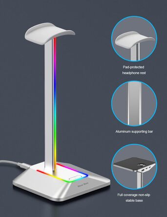 Нова підставка для навушників bee RGB із зарядним пристроєм USB-C та передачею даних для всіх гарнітур (Plateado)