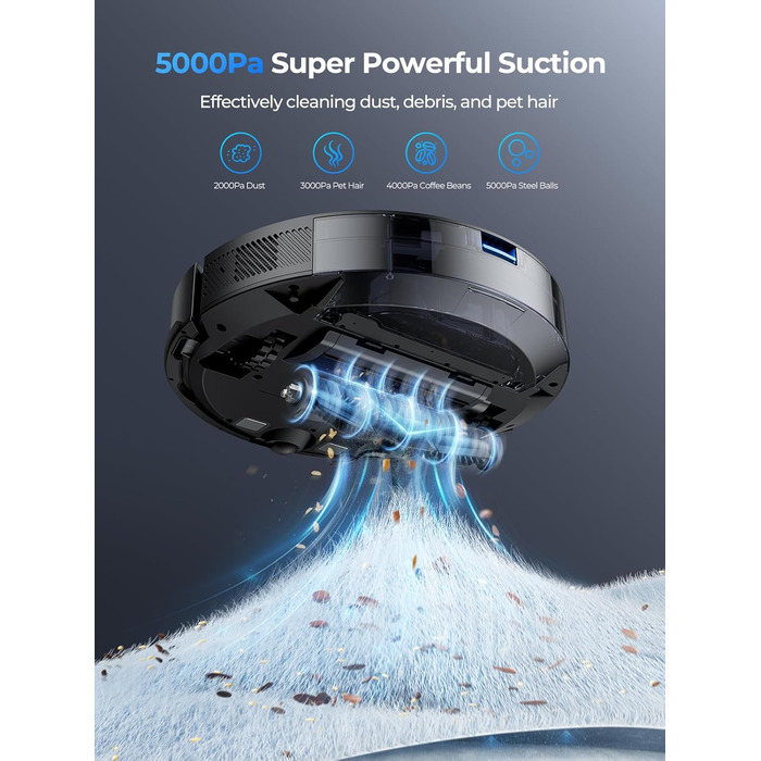 Робот-пилосос Laresar Clean 3-в-1 з функцією миття, 5000Pa, лазерна навігація, 180 хв, для тварин, килимів, твердих підлог, керування через додаток, 15 зон заборони (чорний)