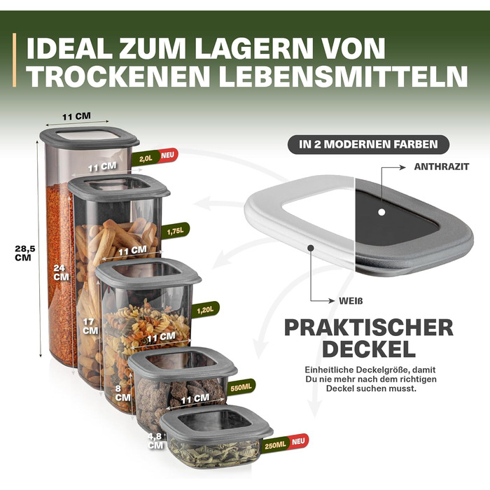 Набір контейнерів для зберігання продуктів 18 шт. – з контейнером для спагеті 2,0 л та 6 дозаторами для спецій з кришками, стекові, герметичні, без BPA, 52 етикетки (12 шт.) + 6 дозаторів для спецій (12 шт., 250 мл, сірий)