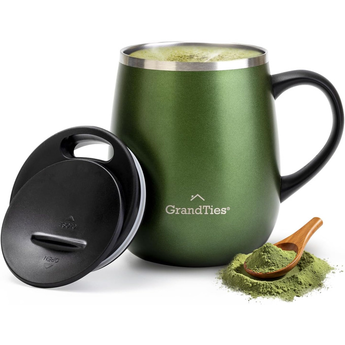 Термокружка Grandties з ручкою та кришкою-ковзавкою - 480 мл, подвійні стінки з нержавіючої сталі, для гарячих та холодних напоїв (Смарагдово-зелений металік)