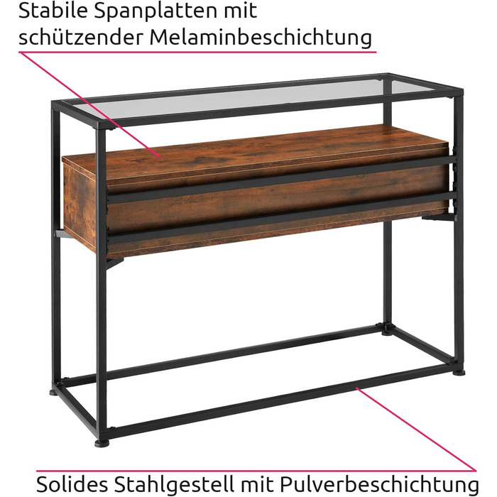 Консольний стіл Tectake з 2 ящиками та полицями, індустріальний стиль, скляна стільниця, 101,5x41,5x80,5 см, дерево, метал
