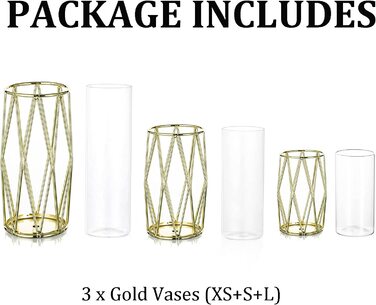 Маленька ваза для пампасної трави Сучасні вази для прикраси весільного столу, геометрична декоративна ваза, скляна ваза для квітів для вітальні, Тюльпани, квіти, Троянда, висотою 16 см (XS S L, золото)