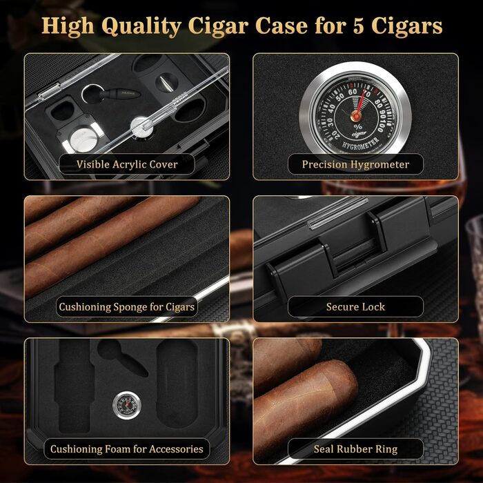 KEJIAR Видавець сигар: портативний кейс-упаковщик з різаком для сигар (V-Cut, Straight Cut, Punched), контролер вологості, чорний