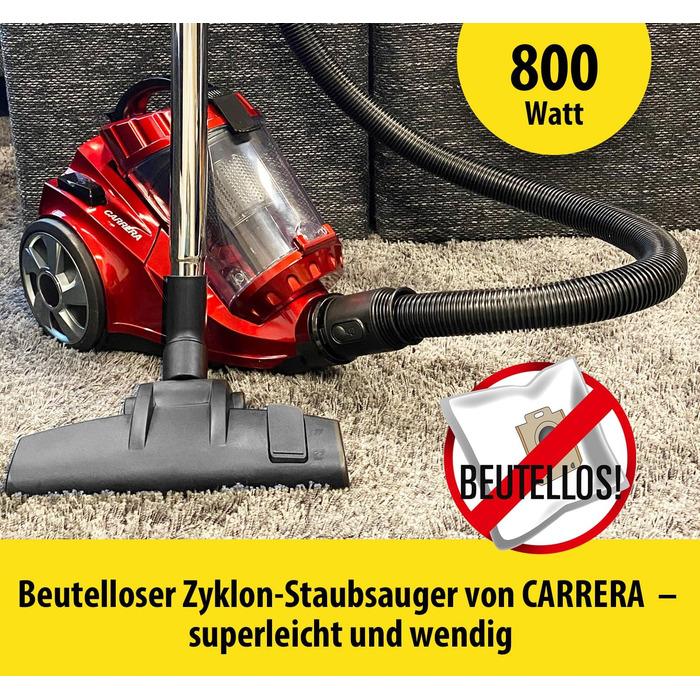 Пилсос Carrera з HEPA-фільтром, 800W, червоний – пилосос для підлоги з кабелем, компактний